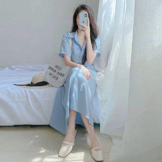 Fashion Lapel Button Sashes Solid Color Casual Dresses Women's Clothing 2024 Summer New Loose All-match Short Sleeve Midi Dress