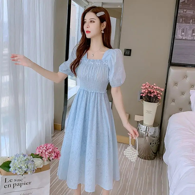 Casual and Versatile Chiffon Short Sleeved Dress New Summer Collection Waist Slimming Temperament Square Neck Mid Length Skirt