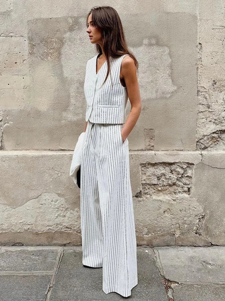 YAMIKO 2024 New Striped Vest Trousers Two-piece Sets Summer Women's Street Fashion Commuting Office Lady Suit Casual Outfit