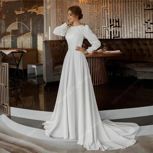 Classic Shining Wedding Dresses Simplicity A-Line Formal Party Robe New Full Satin Finish Floor Mopping Length Vestidos De Novia