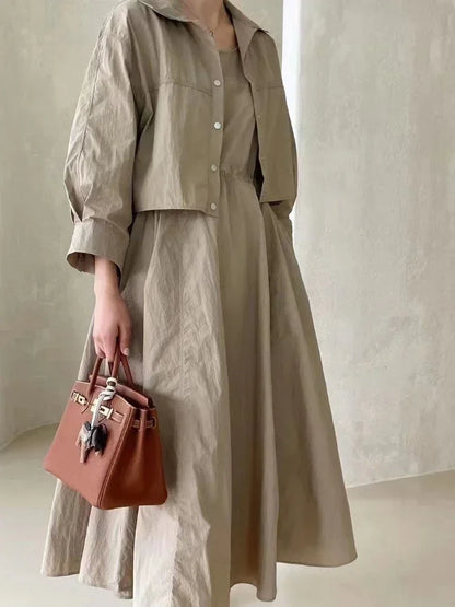 Dresses for Women 2023 Autumn New Turn-down Collar Solid Long Sleeve Coat Sleeveless Dress Sets Korean Fashion Women's Clothing