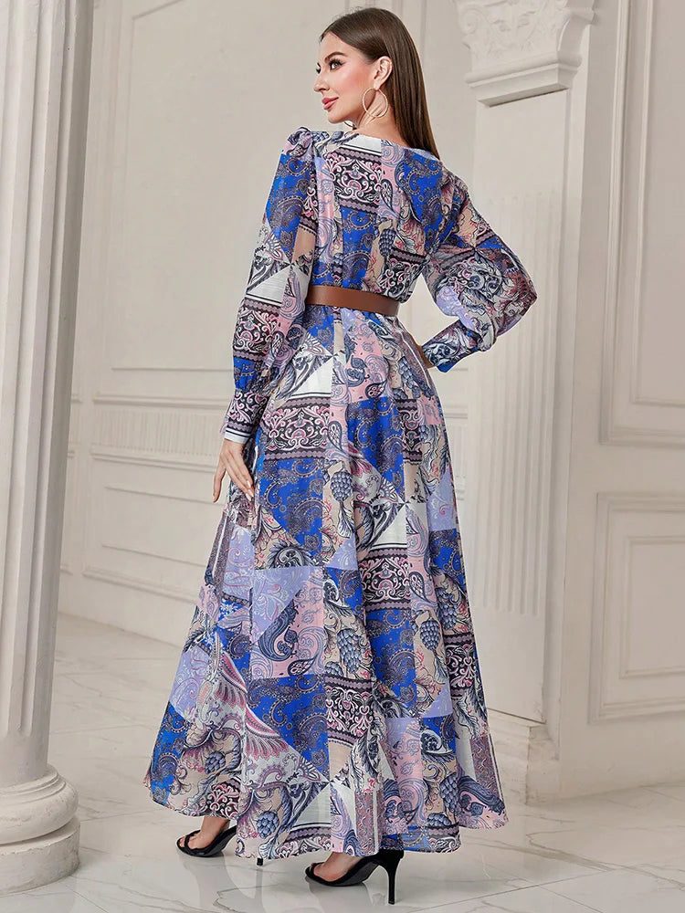 TOLEEN 2024 New Fashion Summer Women Long Dresses Patchwork Print Lantern Sleeve Bohemian Holiday Casual Elegant Dress With Belt