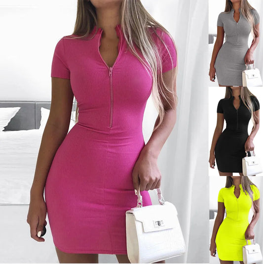 Women's Spring 2023 New Cross border European and American Dress Sexy Wrap Hip Skirt Short Sleeve Zipper miniskirt