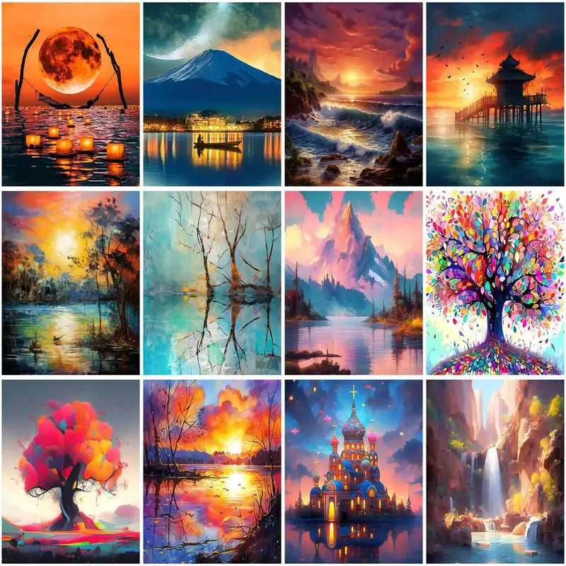 GATYZTORY 5D DIY Diamond Painting Lake View Diamond Mosaic Sunset Mountain Embroidery Kit Arts And Crafts Home Supplies