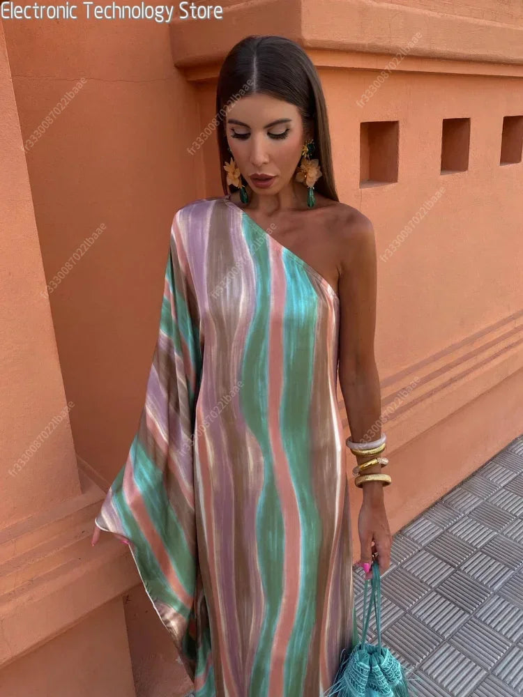 Women Colorful Tie Dyed Striped Print Long Dress Elegant Off Shoulder Single Sleeve Slim Robe Female Chic Beach Vacation Vestido