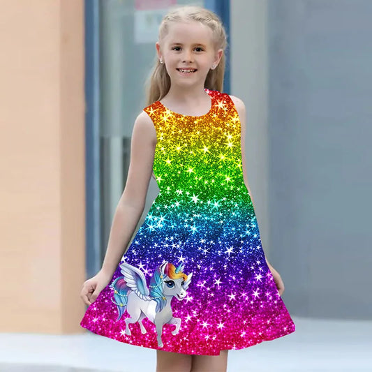 Summer Dress For Young Girls 2024 Kids Clothes Casual Sleeveless 3D Print Children Princess Unicorn Girl Dress From 2 to 7 Years