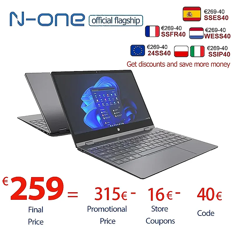 NEW N-one NBook Plus 14.1" Intel N100 Windows 11Pro  Laptop 16GB+512GB 1920*1080 Touch Screen 360° Folding Computer Notebook