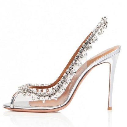 Silver Pink PVC Clear Heeled Sandals Women Pumps Sexy Rhinestones Thin High Heels Shoes Pointed Toes Party Nightclub Sandals