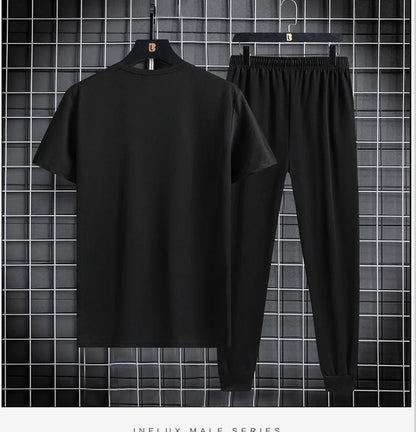 2023 Summer New Short sleeved T-shirt and Long Pants Set for Men's Trendy Brand Sports and Casual Versatile Fashion Trendy Cloth