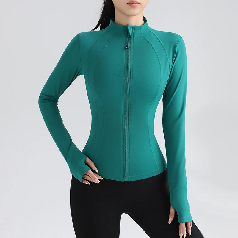 Gym Women's Full Zip Yoga Top With Thumbholes Fitness Running Jacket Stretch Fit Long Sleeve Round Neck Top Sportswear