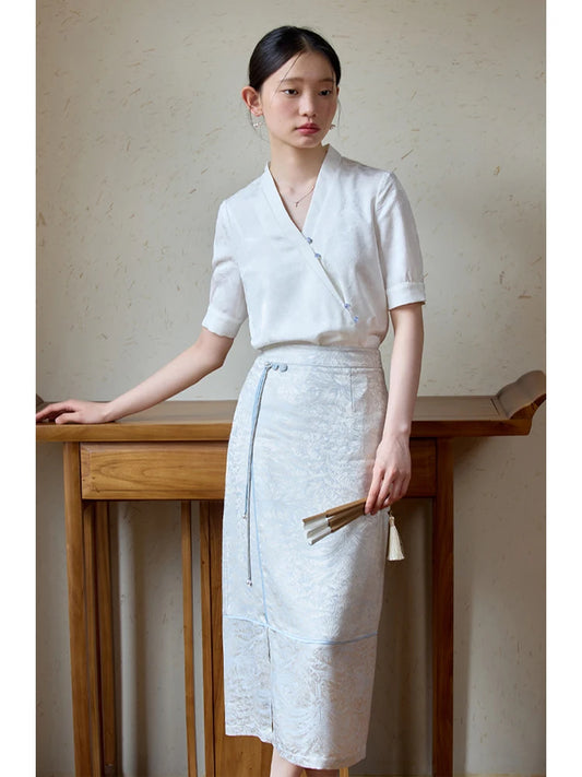 ZIQIAO New Classic Chinese Style White Shirt Long Skirt Women Suit 2024 Summer Casual All Match V-neck Top Suit 24ZQ92233