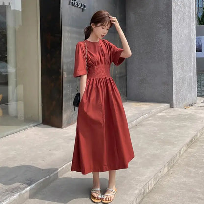 Vintage Solid Women's Clothing O-neck Pullovers Long Dress Summer Casual High Waist A-line Skirt 2024 New Temperament Dresses