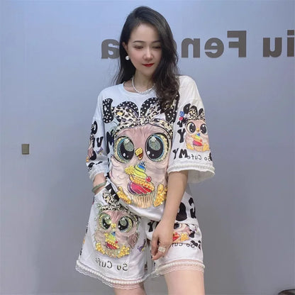 2024 Women's Kawaii Clothes Loose Outfits Summer New Printed Cartoon Beaded Short Sleeves T-shirt Shorts Two-Piece Set Female