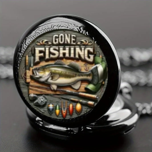 Vintage Gone Fishing Pattern Quartz Pocket Watch with Pendant Chain - World Time Feature, Electronic Drive for Men and Teens