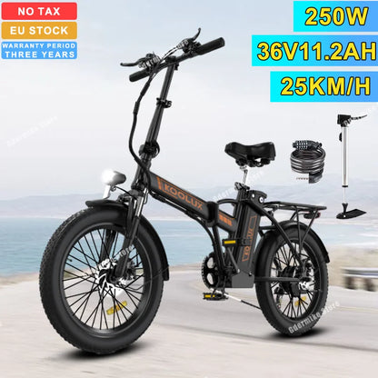 EU STOCK Foldable Electric Bike 250W Motor 36V 11.2AH Lithium Battery 25KM/H,Dual disc brake 20"3.0 Tire Adult Electric Bicycles