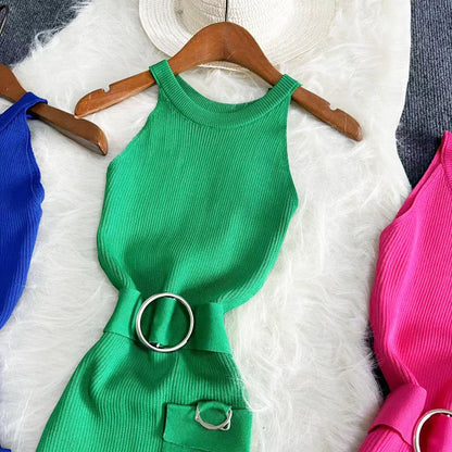 Sashs Elastic Thin Summer Pocket Vacation Beach Dress 2024 Bodycon Halter Strap Sleeveless Sexyl Knitted Mini Short Dress