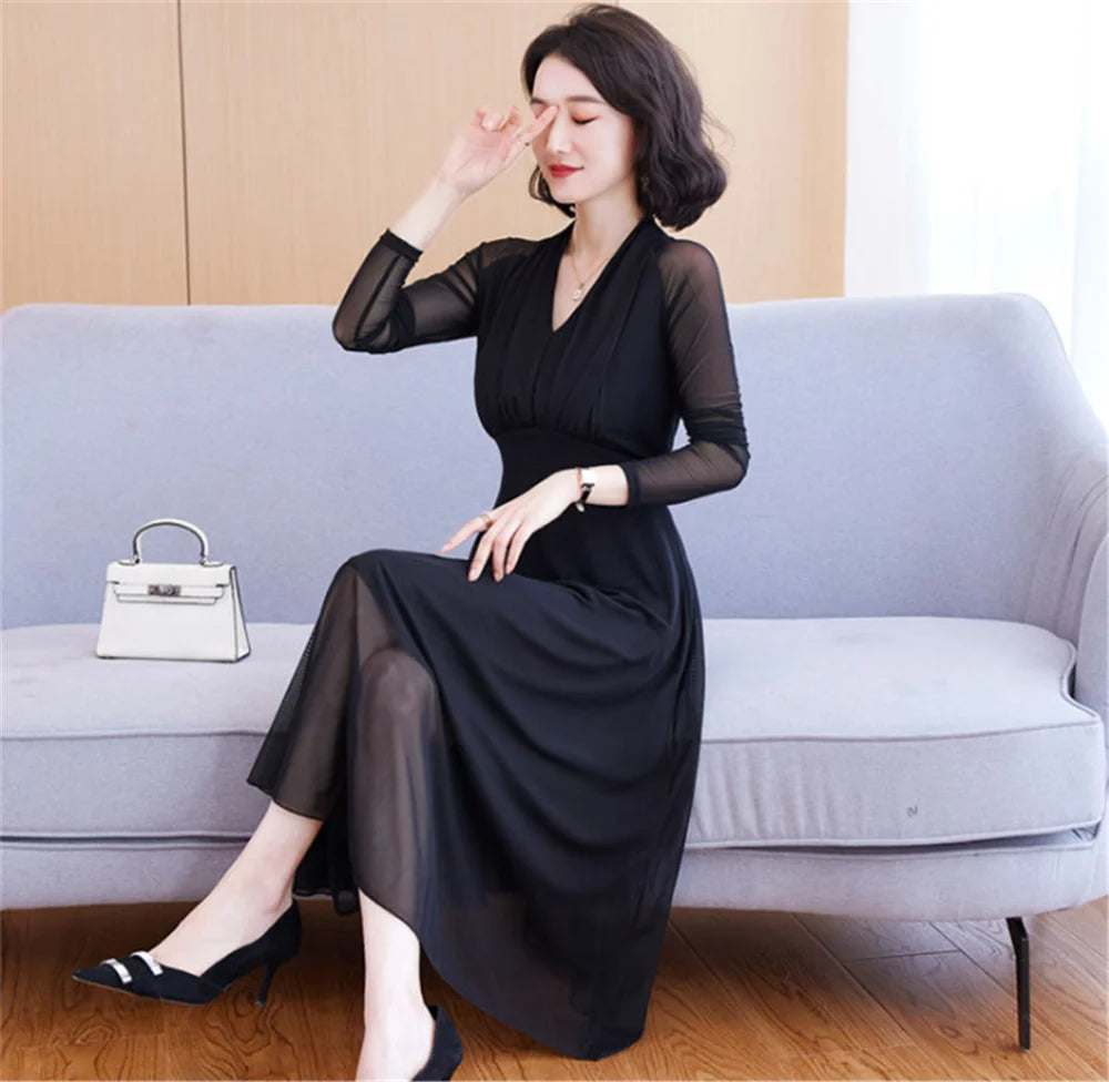 Spring And Autumn Mesh Dress Women's Long-sleeved 2022 New Solid Color V-neck Mid-length Slim fit Loose Temperament Long Skirt