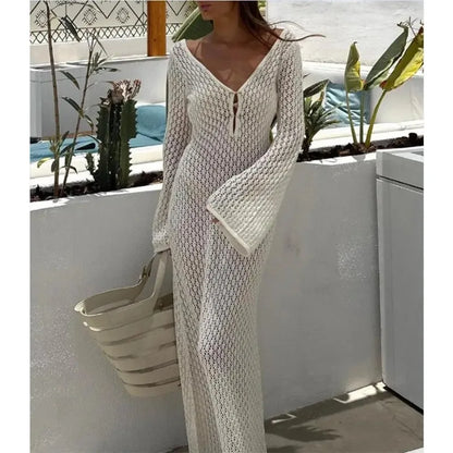 Women's Long Knit Beach Dress, Hollow-Out, Deep V-Neck, Long Sleeve, Bikini Cover-Ups, Backless, Holiday, Sexy, Fall