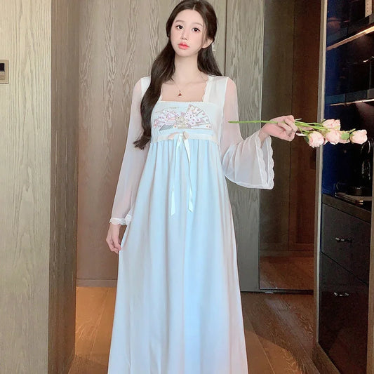 Female New Chinese Court Style Long Nightgown Embroider  Mesh Bathrobe Sleepwear Summer Nightdress Casual Modal Home Wear