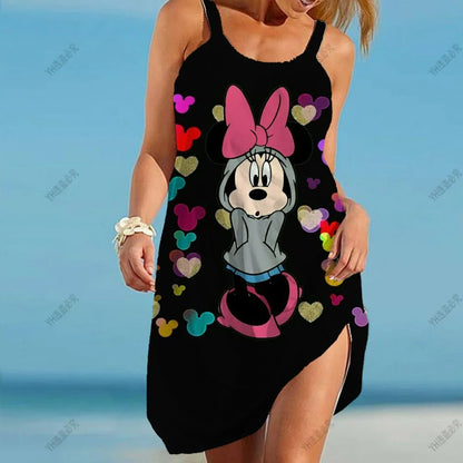 Summer Women Beach Dress Sexy Disney Minnie Swimsuit Female Beach Cover-Ups Wrap Towel Open Back Sling Mini Beach Dresses Women