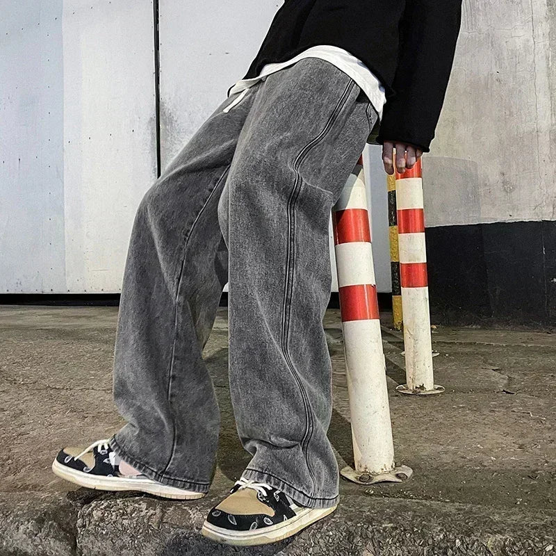 2024 New Streetwear Loose Jeans Men Korean Style Fashion Loose Straight Wide Leg Pants Men's Brand Clothing Black Light Blue