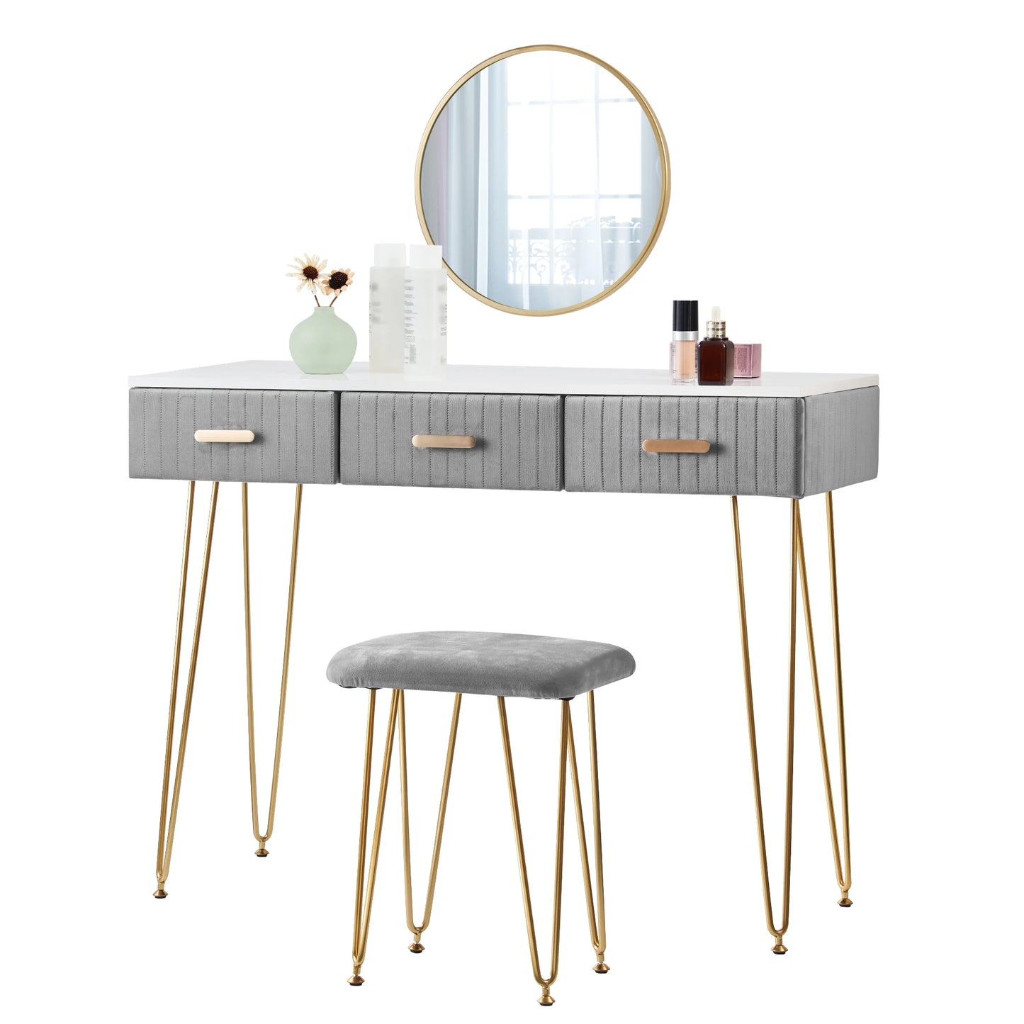 （Clearance）Dressing Table with Mirror Set with 3  Drawers ,Desk Dresser Set Hairpin Legs