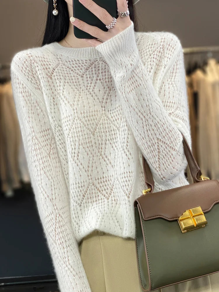 2024 Spring Autumn New Women's O-neck Pullovers 100% Merino Wool Knitted Sweater Hollow Out Grace Jumper Female Clothing Tops