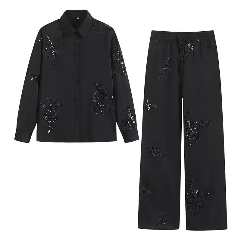 ZBZA 2024 Summer Plus Size Women's Two Piece Set Long Sleeve Sequin Embroidered Shirt Top High Waisted Wide Leg Pants Suit