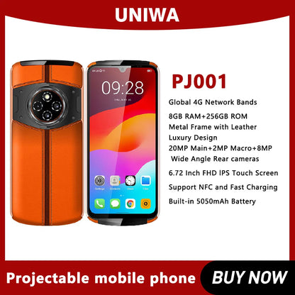 UNIWA PJ001 Smartphone 6.72 Inch FHD 8GB RAM+256GB ROM Dual SIM 4G Android Luxury Video Projector Mobile Phone NFC Fast Charging