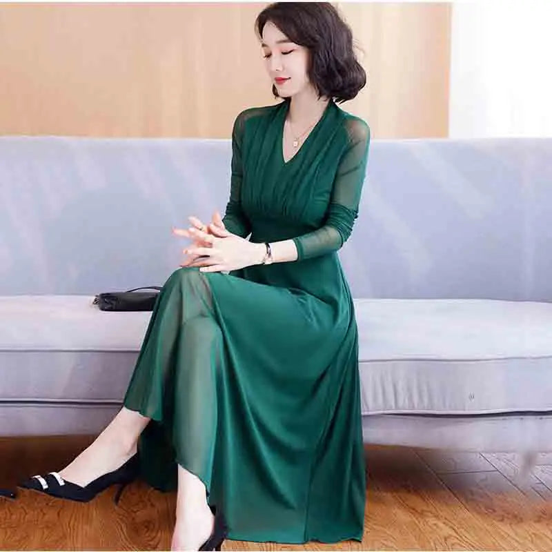 Spring And Autumn Mesh Dress Women's Long-sleeved 2022 New Solid Color V-neck Mid-length Slim fit Loose Temperament Long Skirt