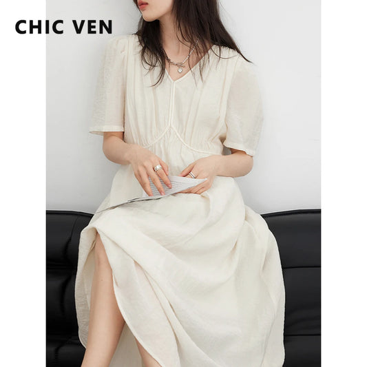 CHIC VEN Fashion Women Dresses Vintage V-neck Puff Sleeve Long Dress Solid White Loose Female Clothing Summer New 2023