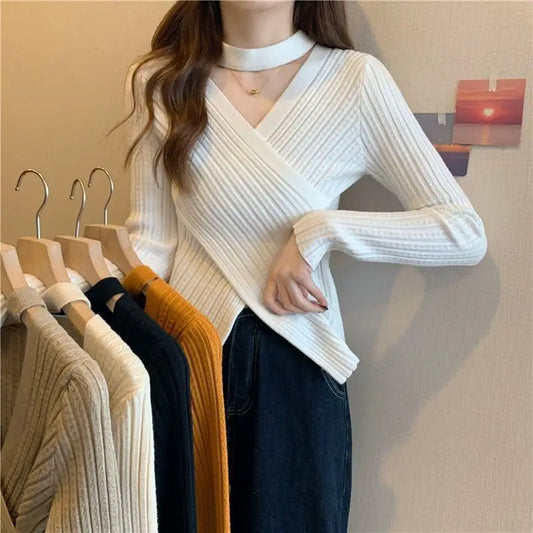 Cross Shaped Irregular Knitted Sweater Top with a Feminine and Niche Design Featuring a V-neck Inner Layer and a Base Layer