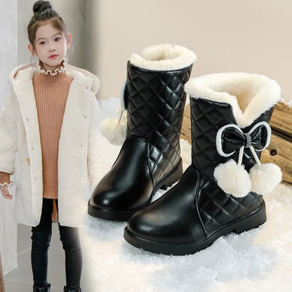 Girls Warm Boots with Bow Kids Snow Boots with Fur Plush 2024 Winter New Fashion Children Princess Boots Waterproof Platform