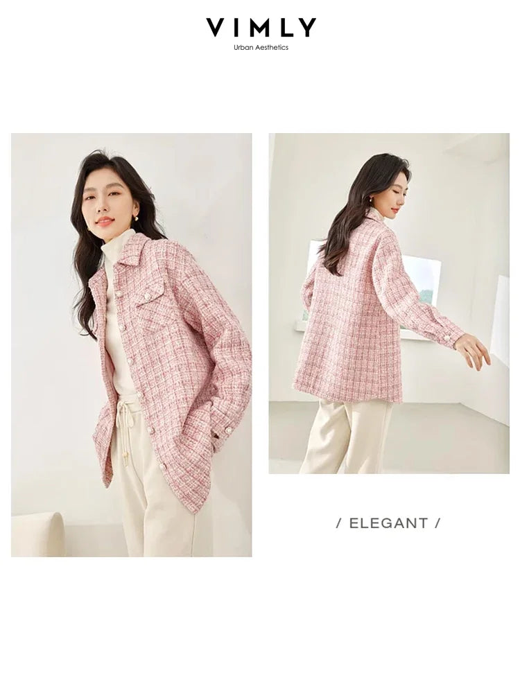 Vimly Winter Pink Tweed Quilted Jackets Women 2023 Straight Thick Single Breasted Long Sleeve Overshirts Female Clothing M3599