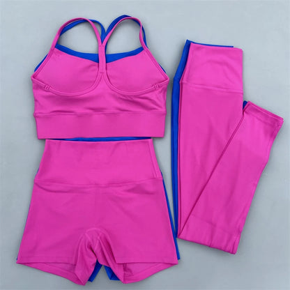 3 Piece Women Gym Sports Set Yoga Set Workout Clothes Fitness Suit Y Shape Back Bra High Waist Shorts Leggings Running Tracksuit