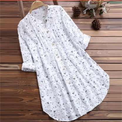 Elegant Long Shirt Cotton Linen Women Fashion Floral Print Loose Blouses And Tops Spring Autumn Full Sleeve Shirts Femme