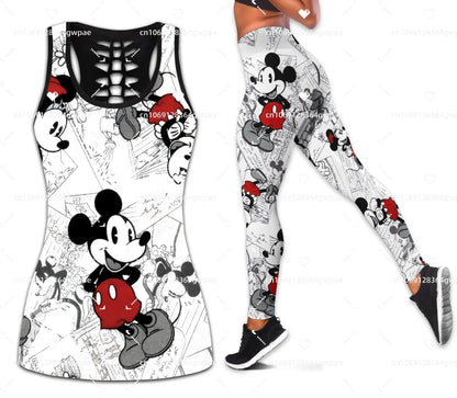 New Mickey Mouse Women's Hollow Vest + Womens Leggings Yoga Suit Fitness Leggings Sports Suit Disney Tank Top Legging Set Outfit