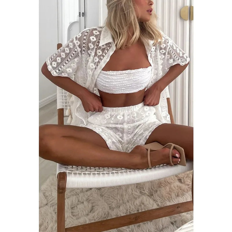 2024 Spring Summer New Women's Clothing Solid Color Lace Hollow Short-Sleeved Cardigan Shorts Two-Piece Suit