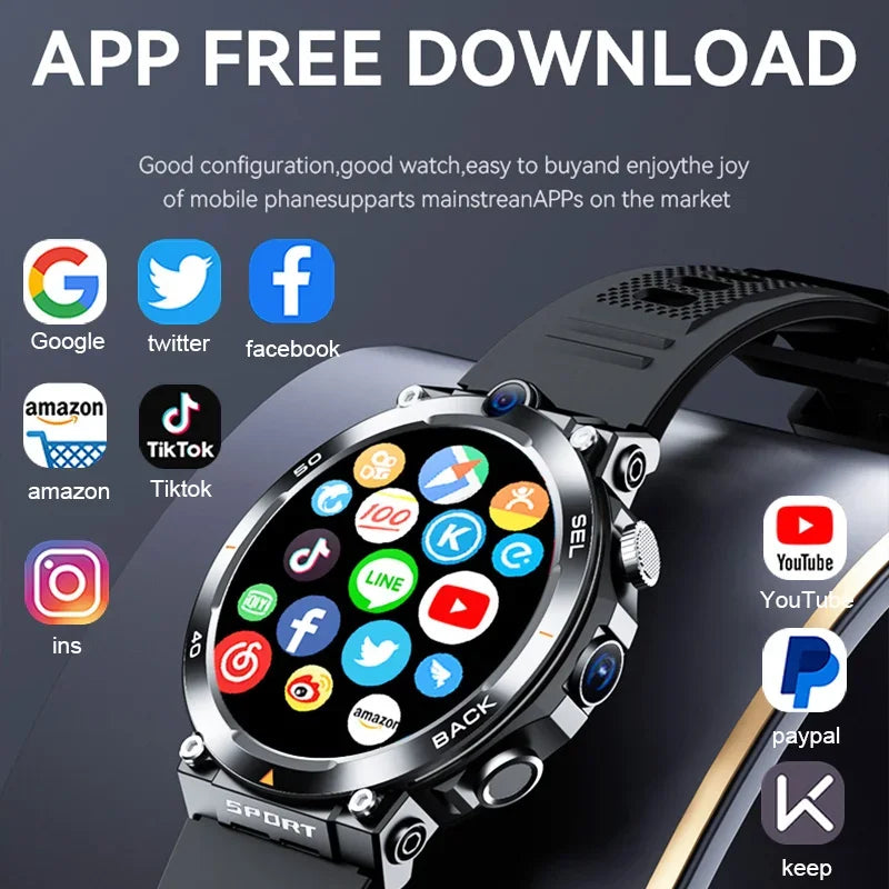 1.39-inch 4G Network SIM Card Smart Watch Dual Camera GPS Wifi NFC Rugged 64G-ROM Google Play IP67 Android Men Women Smartwatch