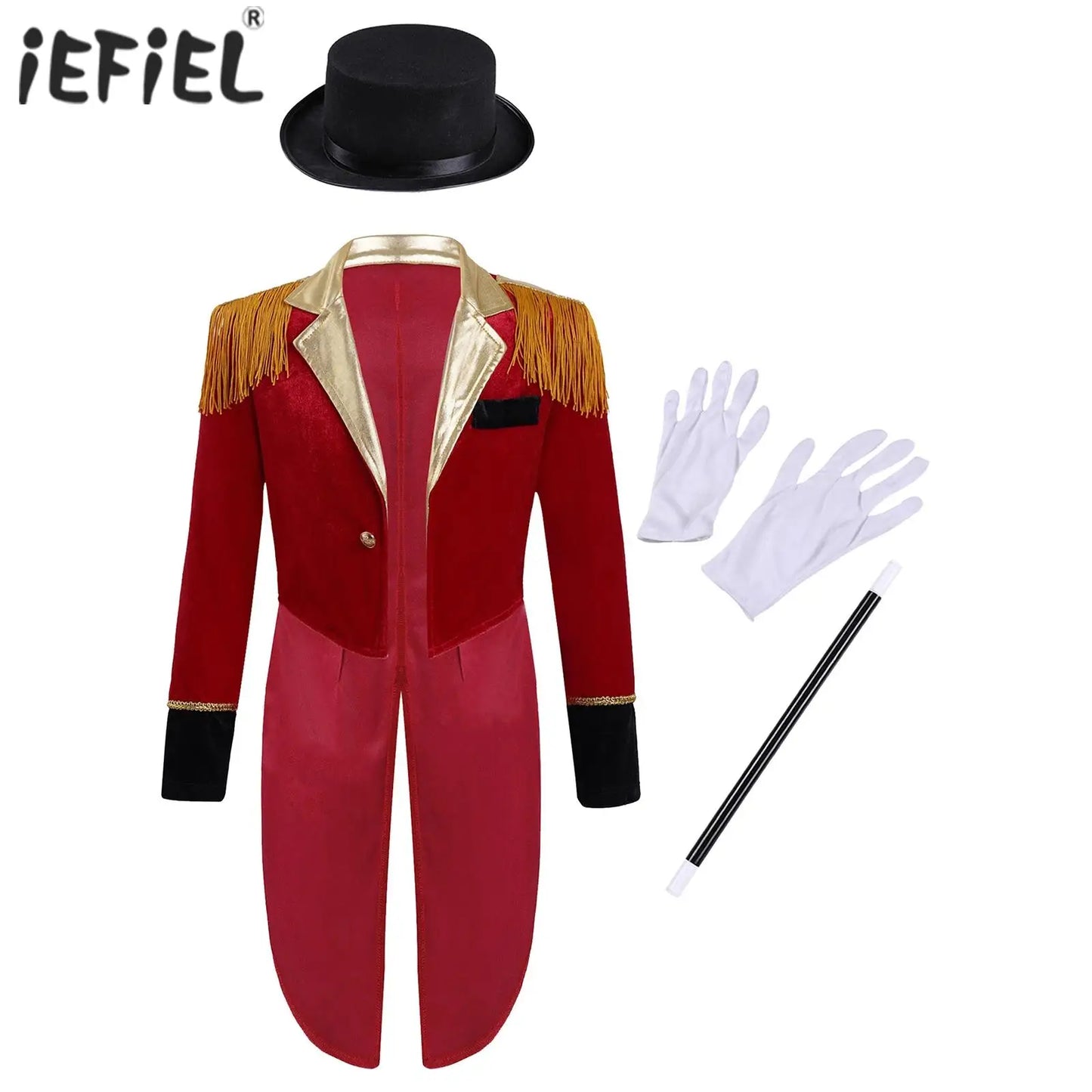 Kids Girls Boys Magician Tailcoat Long Sleeve Ringmaster Circus Show Party Costume Halloween Carnival Cosplay Jacket with Gloves