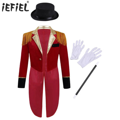 Kids Girls Boys Magician Tailcoat Long Sleeve Ringmaster Circus Show Party Costume Halloween Carnival Cosplay Jacket with Gloves