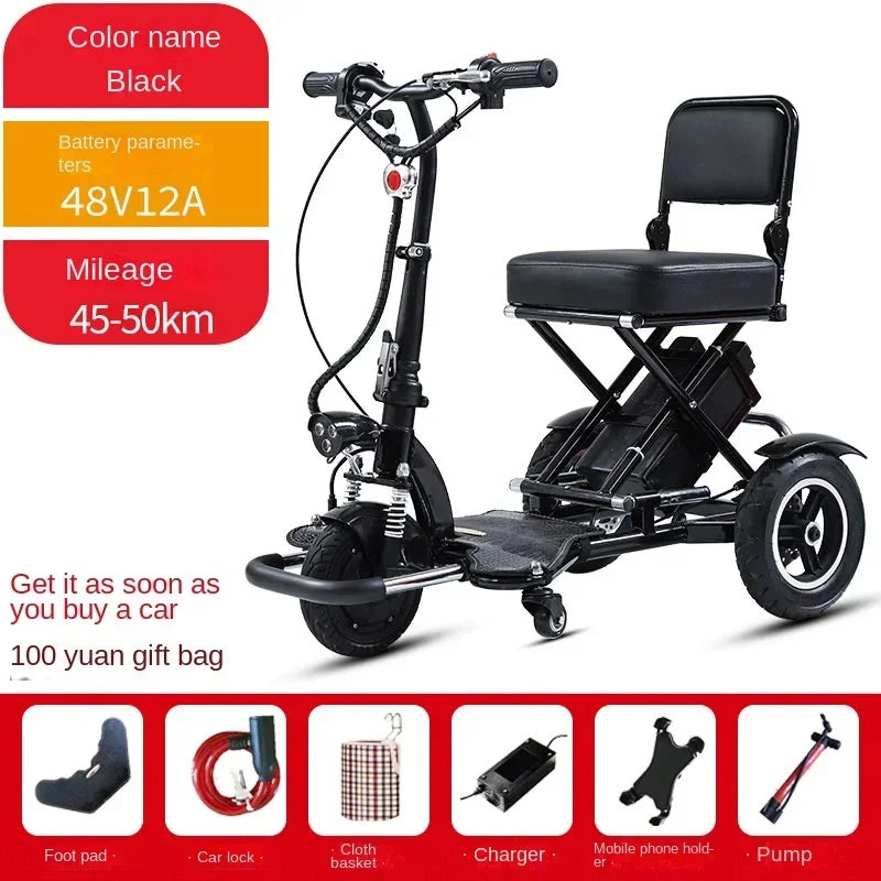 Foldable Disability Mobility Scooters 3 wheel elderly Electric Scooter Mini Small Adult 500W 48V12AH  Removable Lithium Battery