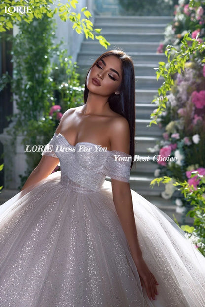 LORIE Glitter Tulle Wedding Dresses Off Shoulder Shiny Puffy Pleated Prom Bridal Gowns Sparkly Ball Pageant 2022 Bride Dress