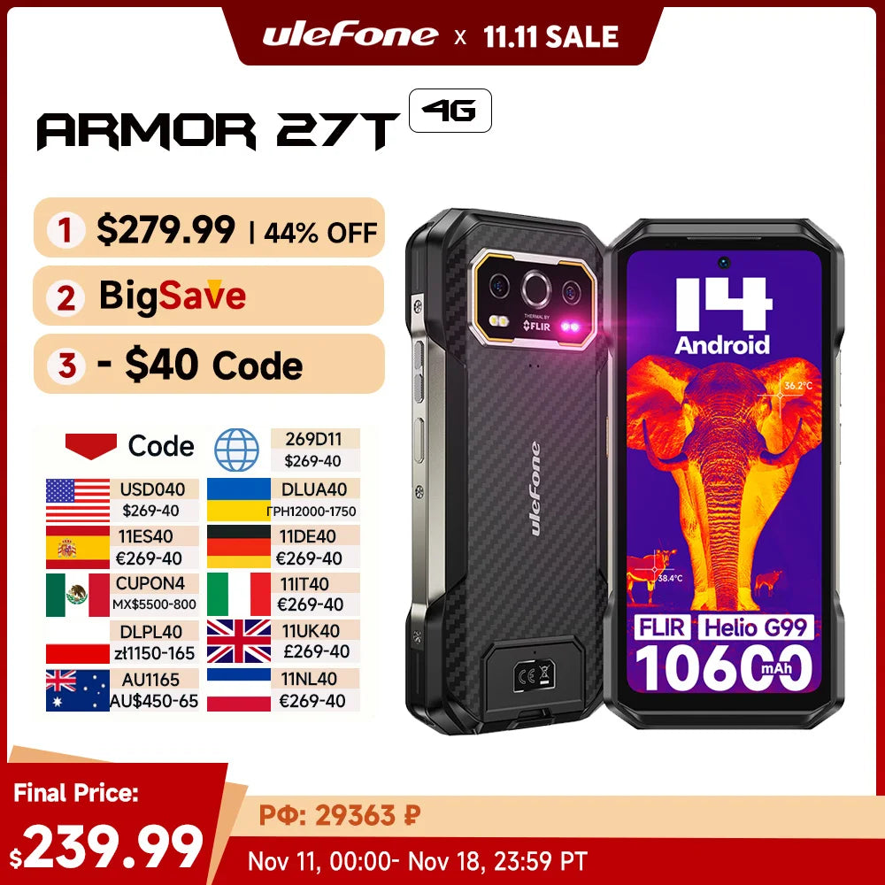 【NEW 2024】 Ulefone Armor 27T 4G 10600mAh Rugged Phone Android 14 Smartphone 24GB +256GB  6.78"FHD+ 120Hz Night Vision Camera