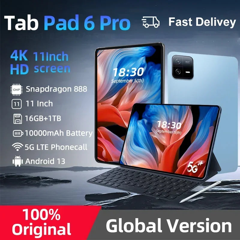 2024 Original  Global Version Pad 6 Pro Snapdragon 888 Android 13.0 Tablet PC 10000mAh 16GB 512GB 11 inch HD 4K 5G Screen WIFI