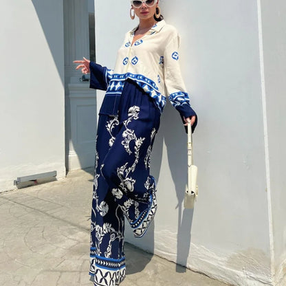 2024 Summer Loose New In Pant Sets Women 2 Piece Set Outfit Boho Long Sleeve Shirt Tops And Wide Leg Trousers Suit Elegant