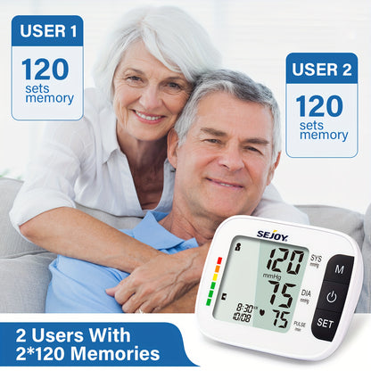 Sejoy Arm Blood Pressure Monitors For Home Use Upper Arm, Accurate Cuff Monitor With Back-light Display 2 Users 120 Sets Memory & HR Detection, Digital BP Machine With Carrying Case (with Battery)