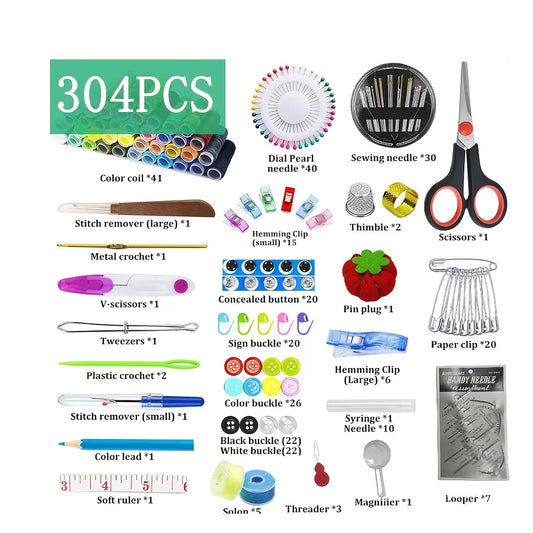 Sewing Essentials 304pcs Deluxe Sewing Kit - Portable Travel Sewing Supplies Set with Threads, Needles, Scissors, Measuring Tape, Pins for Grandmothers, Mothers, Friends, Beginners