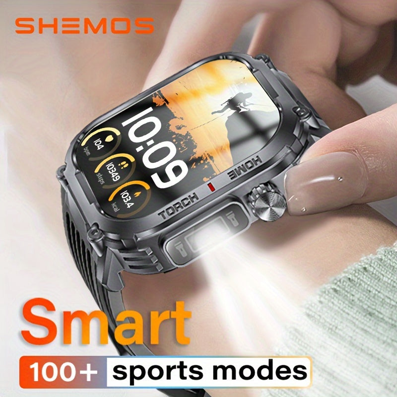 SHEMOS Smart Watch 5.13 cm Full Touch Screen for iPhone and for Android Phones, with Flashlight, Smart Watch with Wireless Calling Answering/Answering Calls Time Display, Remote Photography, Music Control Men's and Women's Watch