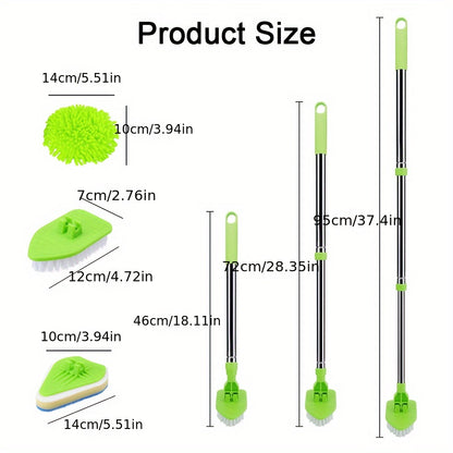 Green Bathroom Mop 3 Heads Set Bath Shower Tile Cleaning Kit Floor Scrubber 46-95cm Multifunctional Cleaner Tool